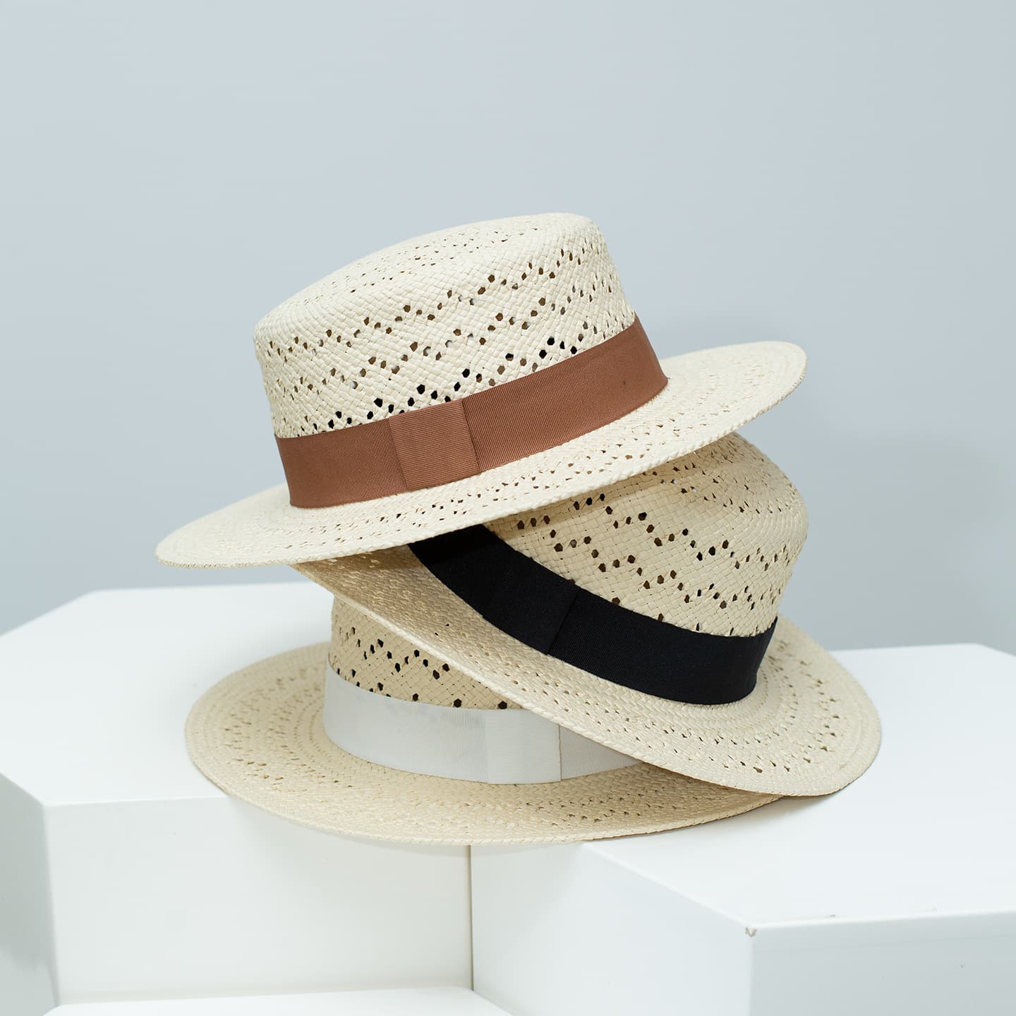 Woven Straw Boater Hat with Ribbon
